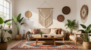 A bohemian living space with layered rugs, macrame wall hangings, and global-inspired decorative accents.