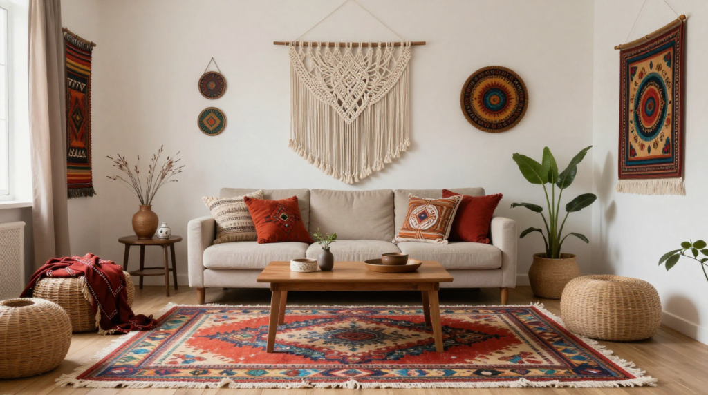 A bohemian living space with layered rugs, macrame wall hangings, and global-inspired decorative accents.