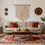 A bohemian living space with layered rugs, macrame wall hangings, and global-inspired decorative accents. (2)