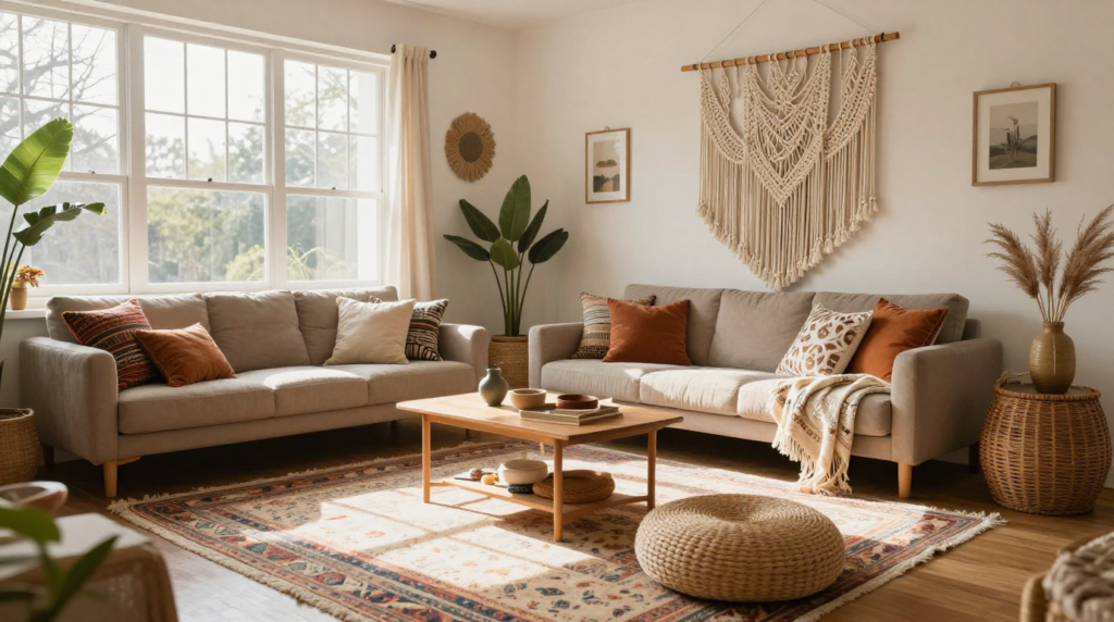 A bohemian living space with layered rugs, macrame wall hangings, and global-inspired decorative accents.