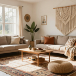 A bohemian living space with layered rugs, macrame wall hangings, and global-inspired decorative accents. (3)