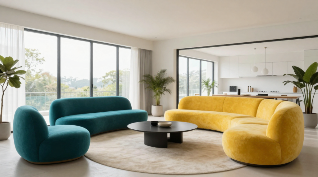 A contemporary living room with curved furniture, bold accent colors, and clean modern lines.