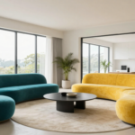 A contemporary living room with curved furniture, bold accent colors, and clean modern lines.