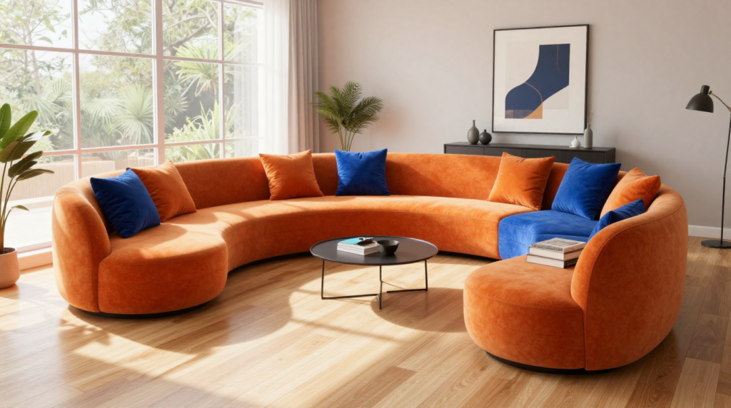 A contemporary living room with curved furniture, bold accent colors, and clean modern lines.