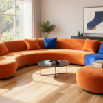 A contemporary living room with curved furniture, bold accent colors, and clean modern lines. (1)