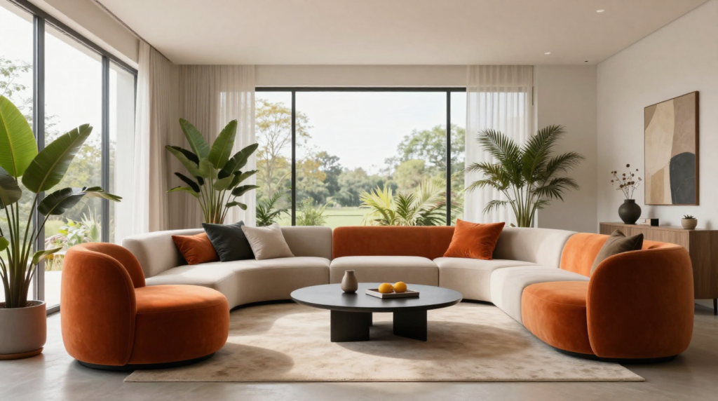 A contemporary living room with curved furniture, bold accent colors, and clean modern lines.