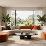 A contemporary living room with curved furniture, bold accent colors, and clean modern lines. (2)