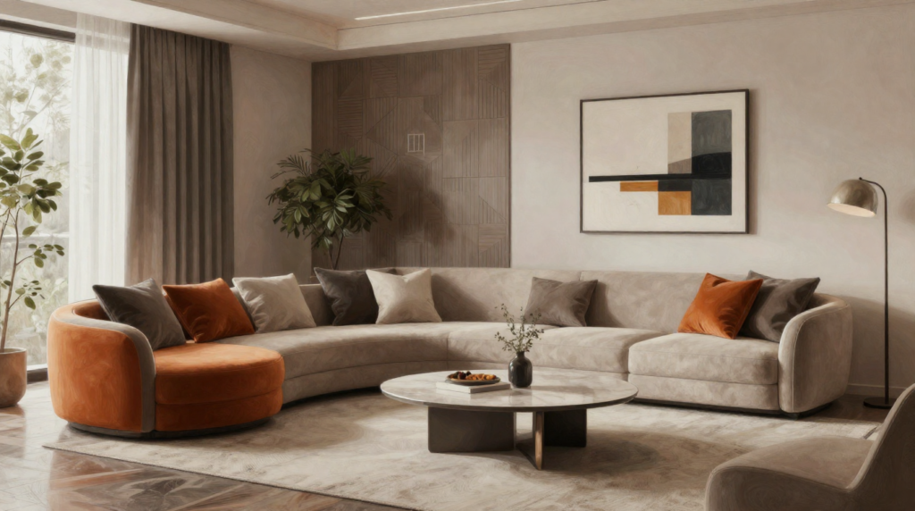 A contemporary living room with curved furniture, bold accent colors, and clean modern lines.
