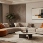A contemporary living room with curved furniture, bold accent colors, and clean modern lines. (3)