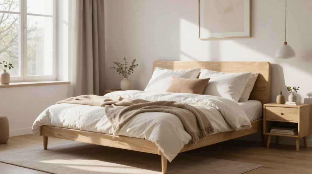 A cozy Scandinavian-style bedroom with light wood furniture, soft neutral textiles, and minimalist decor.