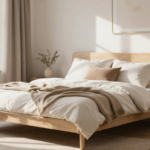 A cozy Scandinavian-style bedroom with light wood furniture, soft neutral textiles, and minimalist decor.