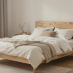 A cozy Scandinavian-style bedroom with light wood furniture, soft neutral textiles, and minimalist decor. (1)