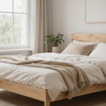 A cozy Scandinavian-style bedroom with light wood furniture, soft neutral textiles, and minimalist decor. (2)
