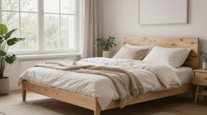 A cozy Scandinavian-style bedroom with light wood furniture, soft neutral textiles, and minimalist decor.