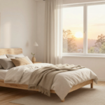 A cozy Scandinavian-style bedroom with light wood furniture, soft neutral textiles, and minimalist decor. (3)