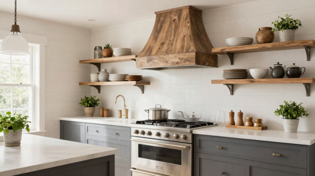 A modern farmhouse kitchen with shiplap walls, vintage-inspired fixtures, and sleek contemporary finishes.