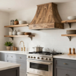 A modern farmhouse kitchen with shiplap walls, vintage-inspired fixtures, and sleek contemporary finishes.