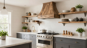 A modern farmhouse kitchen with shiplap walls, vintage-inspired fixtures, and sleek contemporary finishes.