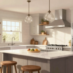 A modern farmhouse kitchen with shiplap walls, vintage-inspired fixtures, and sleek contemporary finishes. (1)