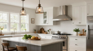 A modern farmhouse kitchen with shiplap walls, vintage-inspired fixtures, and sleek contemporary finishes.