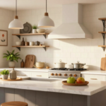 A modern farmhouse kitchen with shiplap walls, vintage-inspired fixtures, and sleek contemporary finishes. (3)