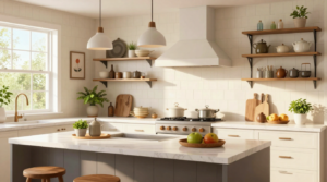 A modern farmhouse kitchen with shiplap walls, vintage-inspired fixtures, and sleek contemporary finishes.