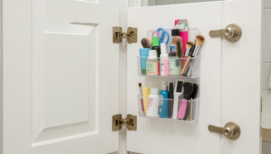 A bathroom cabinet door fitted with a clear over-the-door organizer holding small toiletries and grooming tools.