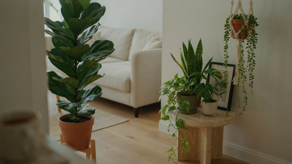 A bright living room styled with several air-purifying plants including a snake plant and pothos