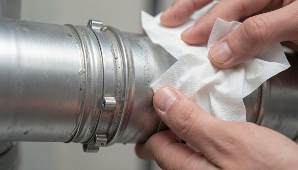 A close-up of a duct joint being tested for air leaks with a tissue