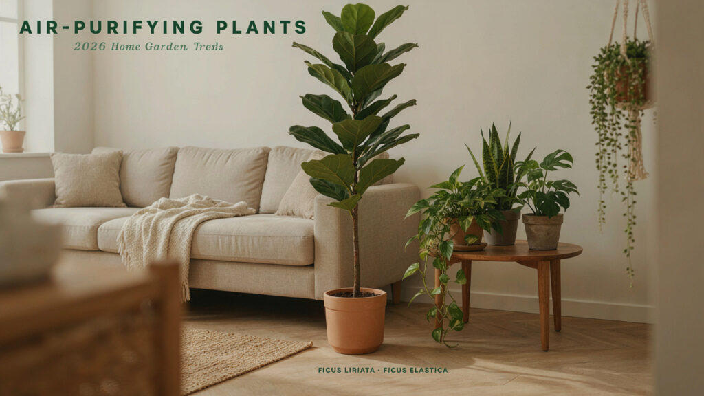A collection of air-purifying plants displayed in matching neutral ceramic pots on a shelf