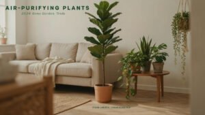 A collection of air-purifying plants displayed in matching neutral ceramic pots on a shelf