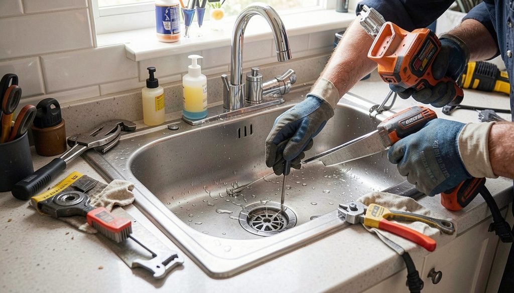 A homeowner using a plunger to clear a slow-draining kitchen sink.