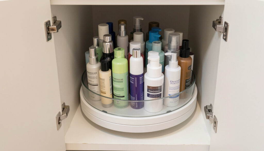 A lazy Susan turntable filled with skincare bottles inside a compact bathroom cabinet, demonstrating an easy-access small-space hack.