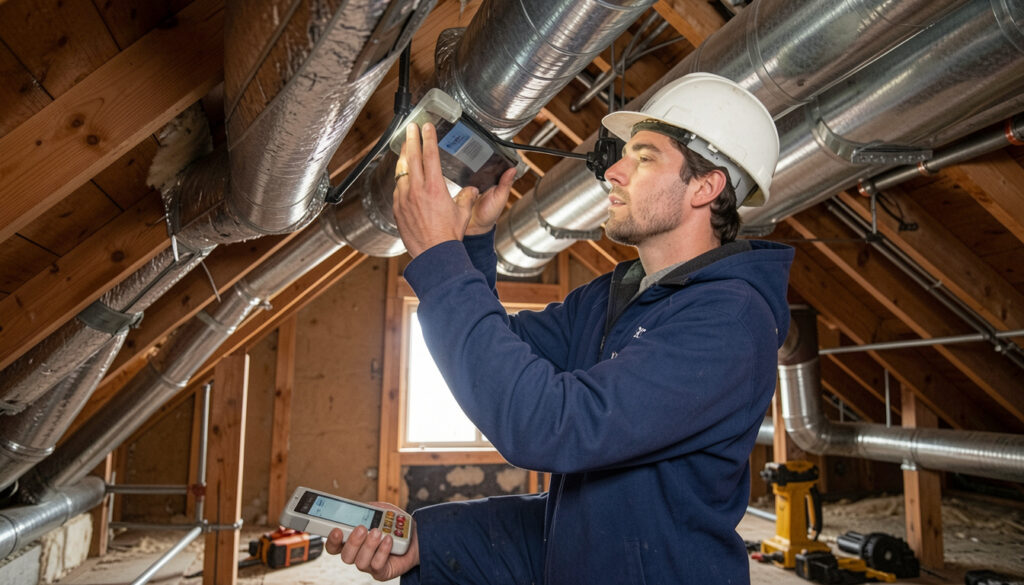 A technician inspecting exposed ductwork in an attic