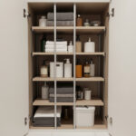 A vertical shelf riser system inside a small bathroom cabinet, showing how stacked layers create extra storage.