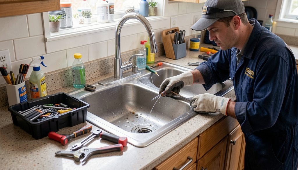 Water stains on a wooden cabinet floor beneath a kitchen sink, indicating a hidden leak.